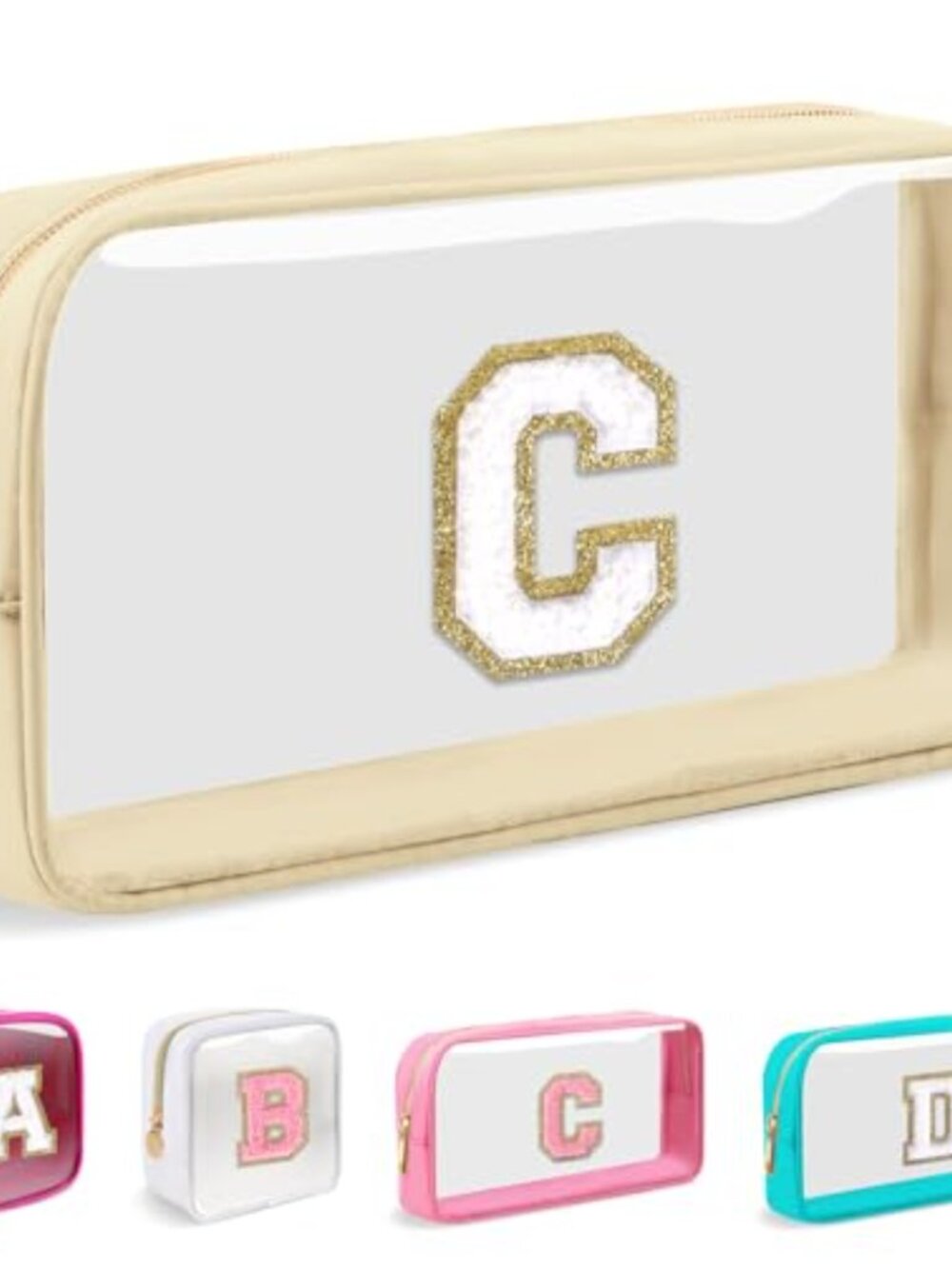 Clear Personalized Initial Makeup Bag Nylon Chenille Letter Patch Zipper